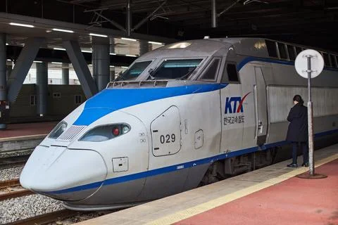 KTX high-speed rail train at the platform of Busan station, modern high spe.. Stock Photos