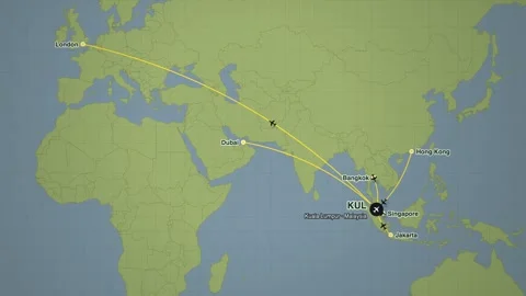 Kuala lumpur airport flight routes network map animation Stock-Footage 339339853
