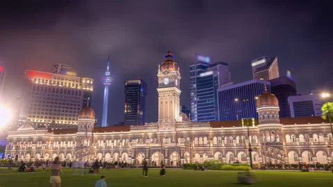 Kuala Lumpur Hyperlapse: Sultan Abdul Samad Building at Merdeka Square by Night Stock Footage 343150411