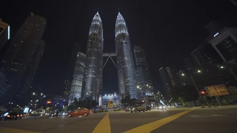 Kuala Lumpur landmarks, in front of KLCC twin tower building Stock Footage 122187773