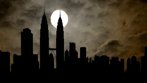 Kuala Lumpur: Time Lapse in Dark Night with Full Moon, Malaysia Stock Footage 124524037