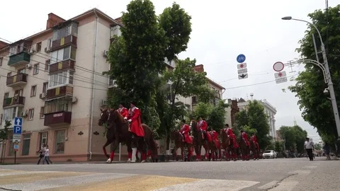 The Kuban Cossacks are marching along the street. Stock Footage 75524894