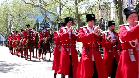 The Kuban Cossacks are marching along the street. Stock Footage 75525481