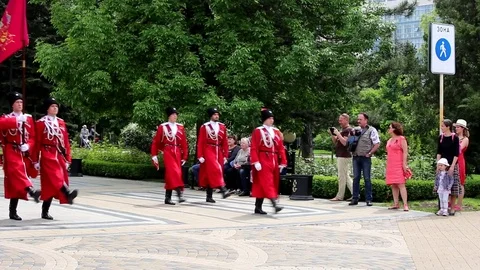 The Kuban Cossacks are marching with flag. Stock Footage 75450345