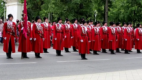 The Kuban Cossacks  march along the main street of Krasnodar Stock Footage 75450508