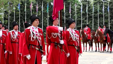 The Kuban Cossacks  marche along the main street of Krasnodar Stock Footage 75450495