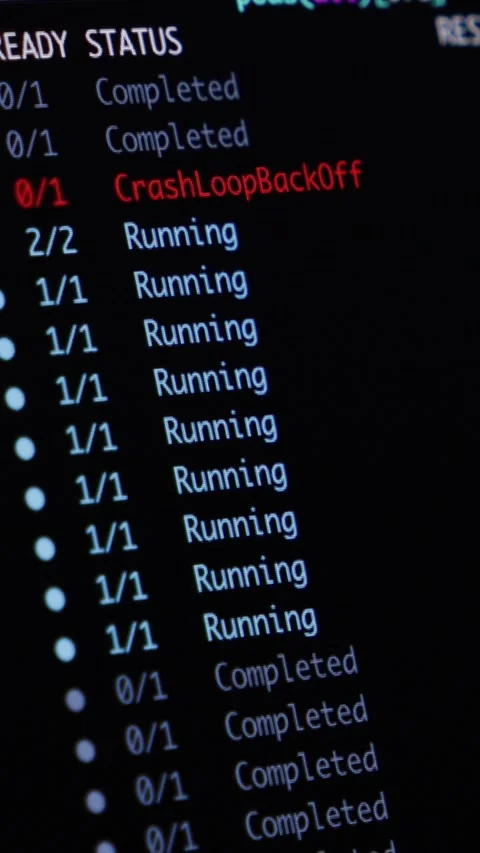 Kubernetes pod terminal status displaying crash loop and error states on a Stock Footage 346525874