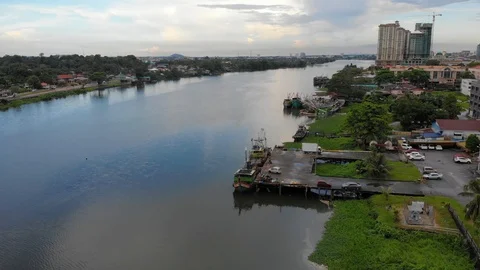 Kuching Waterfront, Aerial Stock Footage 106932124