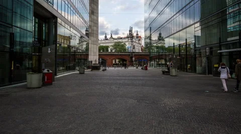 Kuhfurstendamm train bridge, modern office building with glass facade, timelapse Stock Footage 53014154