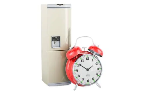 Kühlschrank mit Wecker, 3D-Rendering Refrigerator with alarm clock, 3D ren.. Stock Photos