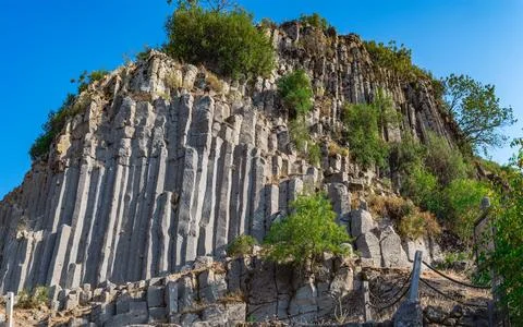 Kula Basalt Columns panoramic view. Burgas volcanite. Stock Photos