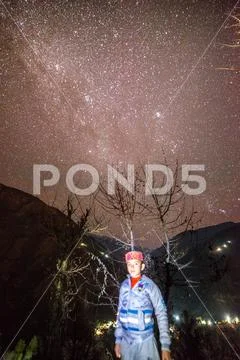 Kullu, Himachal Pradesh, India - November 30, 2018 : Boy under milkyway over Stock Photos