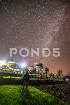 Kullu, Himachal Pradesh, India - November 30, 2018 : Boy under milkyway over Stock Photos