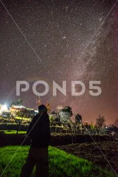 Kullu, Himachal Pradesh, India - November 30, 2018 : Boy under milkyway over Stock Photos