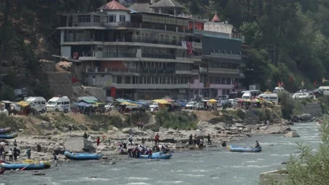 Kullu River Rafting Ending Point Indian Tourist Enjoying Rafting At Beas River . Stock Footage 197371418