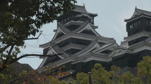 Kumamoto Castle Exterior View, Evening view. Japan, Pan shot Video stock 265760053