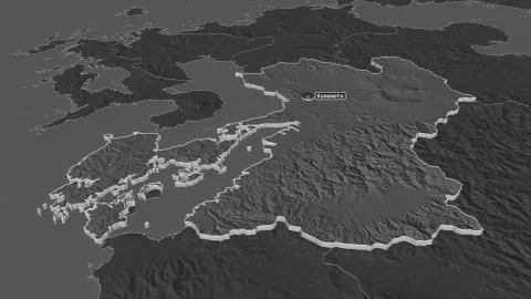 Kumamoto, Japan. Bilevel elevation map with surface waters Stock Illustration