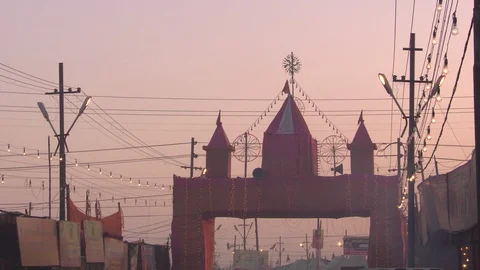 Kumbh Mela gate and lights at dusk, Allahabad, India Stock Footage 86760720