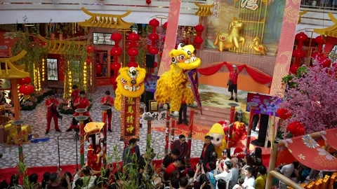 Kun Seng Keng lion dance performance at Queensbay Mall Stock Footage 332736911