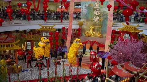 Kun Seng Keng lion dance performance at Queensbay Mall Stock Footage 332738833