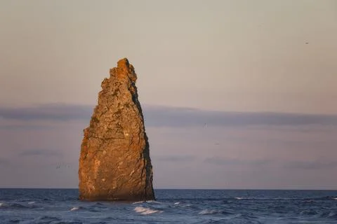 Kunashir. Rock Devil's finger at sunset Photos