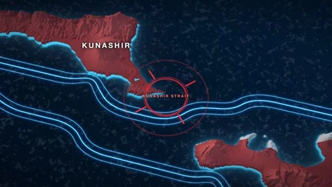 Kunashir Strait 3D terrain relief map on a near-black sea Stock Footage 344269476