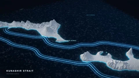 Kunashir Strait 3D White Terrain Relief Map With Glowing Shipping Route Video stock 343536894