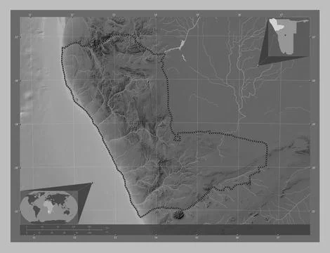 Kunene, Namibia. Grayscale elevation map with lakes and rivers Stock Illustration