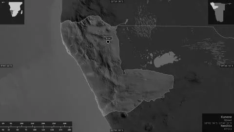Kunene, Namibia. Grayscaled map with lakes and rivers Illustrazione stock