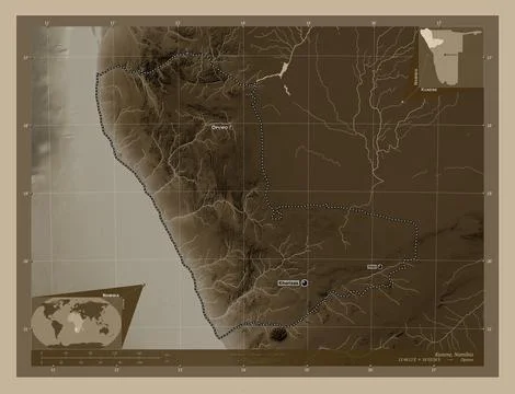 Kunene, Namibia. Sepia. Labelled points of cities Stock Illustration