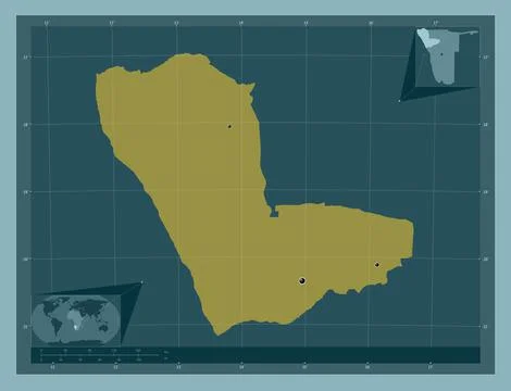 Kunene, Namibia. Solid color shape. Locations of major cities of the region Illustrazione stock