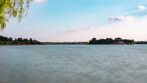 Kunming Lake ripples framed by willow leaves in Beijing Stock Footage 346574822