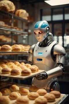   Künstliche Intelligenz beim Bäcker. Roboter in der Backstube beim Backen. Stock Photos