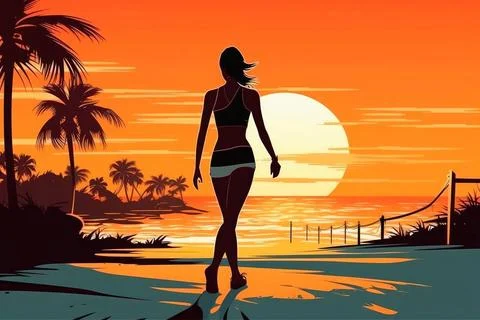 Kunstwerk einer sexy Frau im Bikini am Strand bei Sonnenuntergang, erstell... Stock Photos