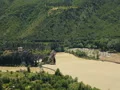 Kura river in green trees valley near the Mtskheta town in Georgia, mountains HD Footage