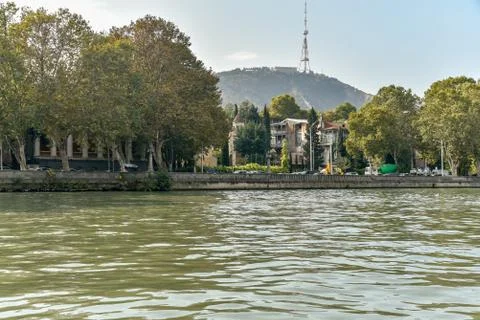 Kura River, Tbilisi city view from boat ride on the Kura River Stock Photos