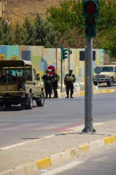 Kurdish Special Forces blocking road outside Erbil Governorate building Stock Photos