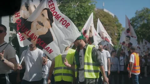Kurds With Flags Protesting For The Freedom Of Abdullah Öcalan Cologne,8. Sept Stock Footage 249907683