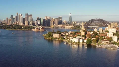 Kurraba point on Sydney harbour view of CBD waterfront landmarks aerial 4k. Stock Footage 156067930