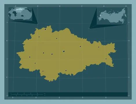 Kursk, Russia. Solid color shape. Locations of major cities of the region Stock Illustration