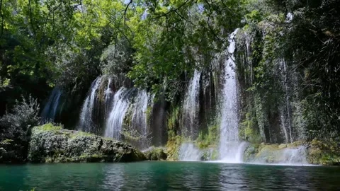 Kurşunlu Waterfall Turquoise Pool in Lush Green Forest Antalya Turkey Stock Footage 340264593