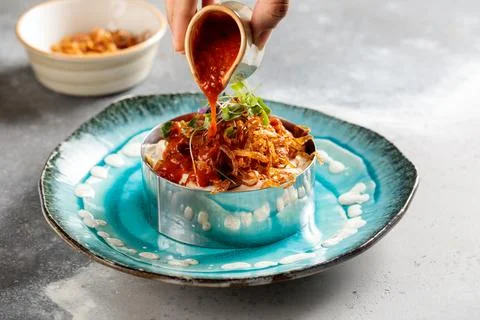 Kushari served in dish isolated on table top view of arabic breakfast Stock Photos