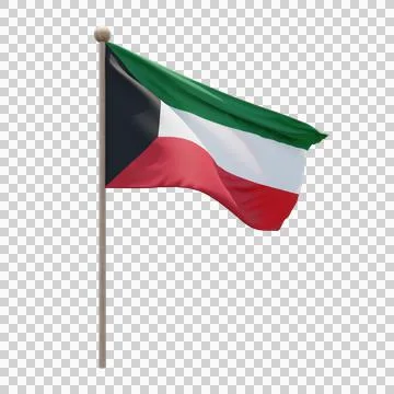 Kuwait 3d illustration flag on pole. Wood flagpole Stock Illustration