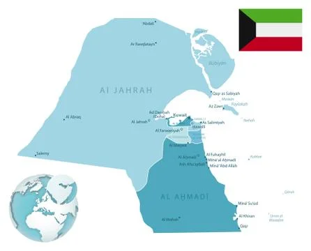 Kuwait administrative blue-green map with country flag and location on a glob Illustrazione stock