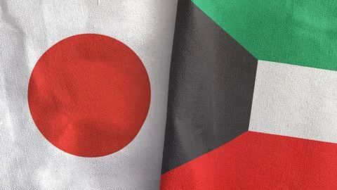 Kuwait and Japan two flags textile cloth 3D rendering Stock Illustration