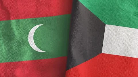 Kuwait and Maldives two flags textile cloth 3D rendering Stock Illustration