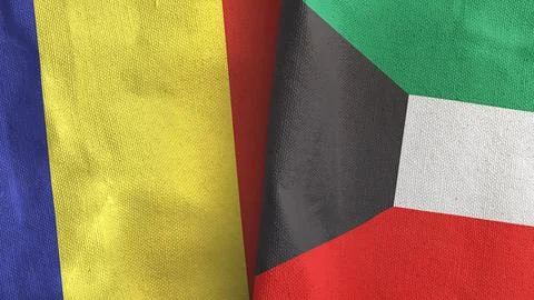 Kuwait and Romania two flags textile cloth 3D rendering Stock Illustration