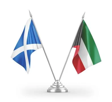 Kuwait and Scotland table flags isolated on white 3D rendering Stock Illustration