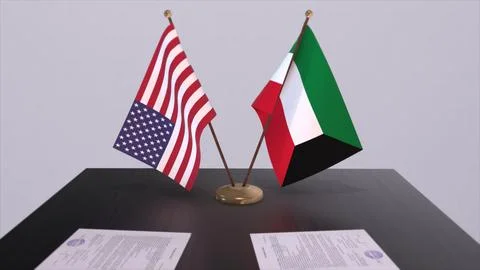Kuwait and USA at negotiating table. Business and politics 3D illustration. N イラスト素材