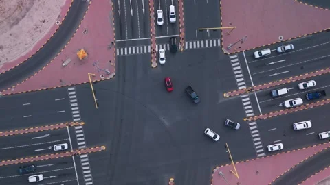 Kuwait City Aerial Top-Down Traffic Intersection, Multi-Lane Drone Shot Stock Footage 323915433
